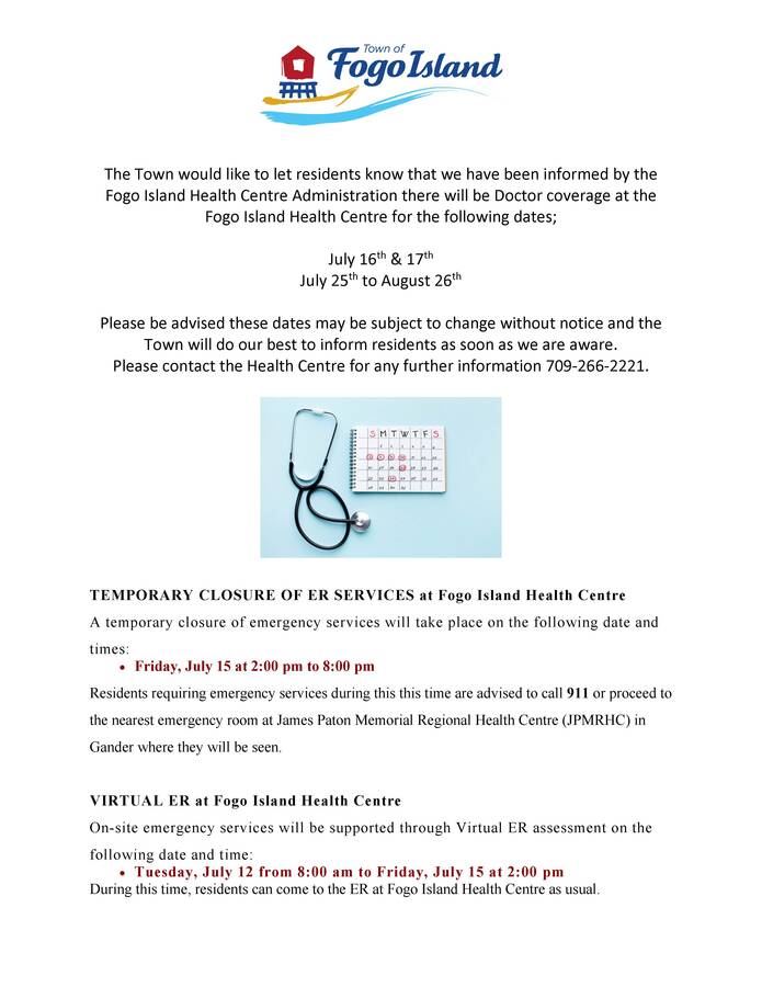 Notice - Doctor Coverage Fogo Island Health Centre