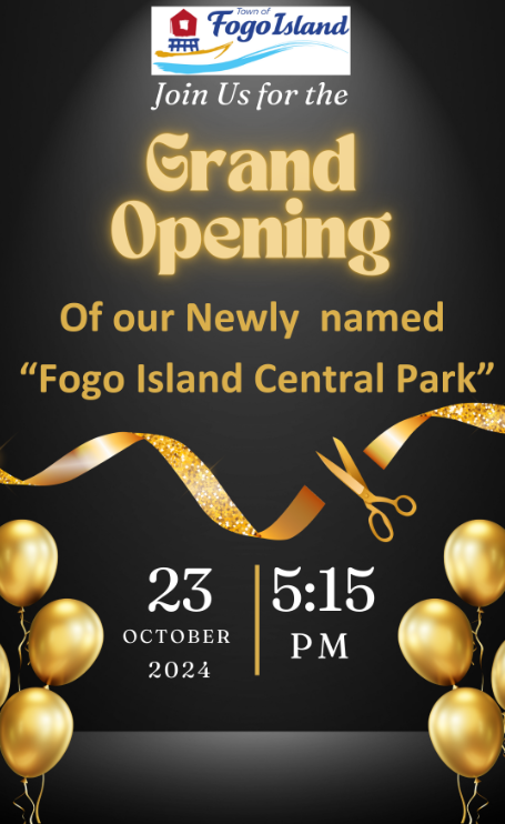 🎉 Grand Opening of Fogo Island Central Park! 🎉 Join us this Wednesday at 5:15 PM for a special ribbon-cutting ceremony to celebrate the official opening of Fogo Island Central Park! 🎀✂️ Mayor Shea, along with the three students who won the park-naming contest, will do the honors in officially opening the park to our community. 🏅🌟 This exciting event will also kick-off the Haunted Park celebrationsa perfect way to start your Halloween festivities! 🎃👻 Bring your friends and family, and let's mark this important milestone together. See you there!